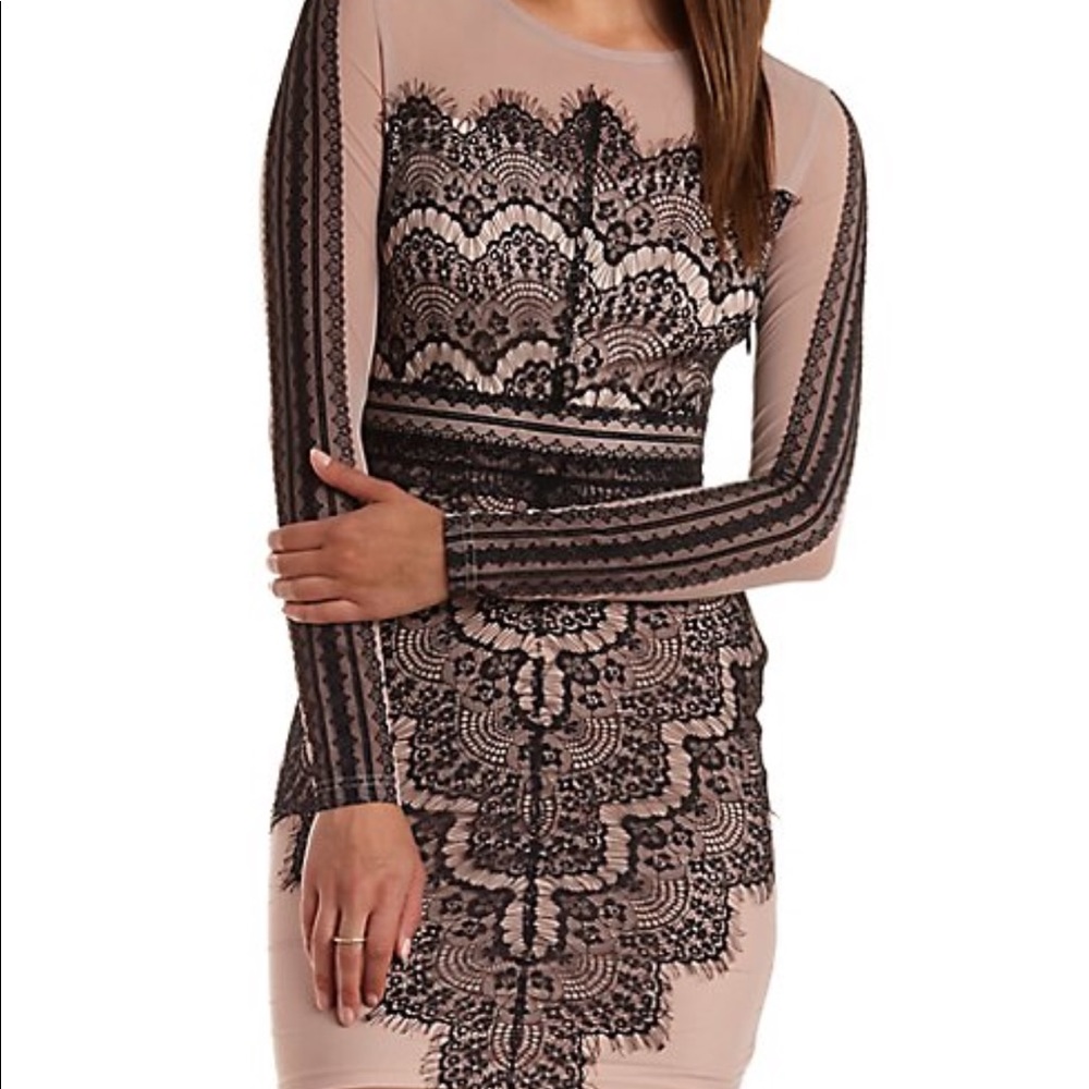 Nude and black lace mini dress